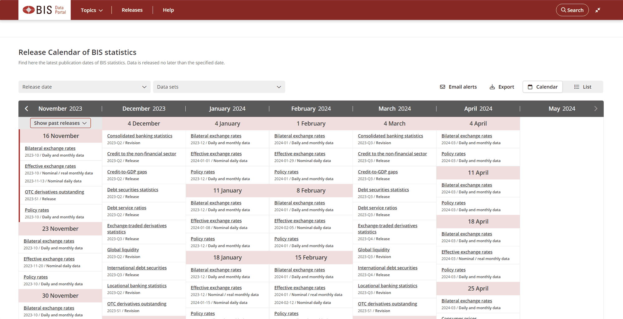 Screenshot of the release calendar page showing how to display past releases