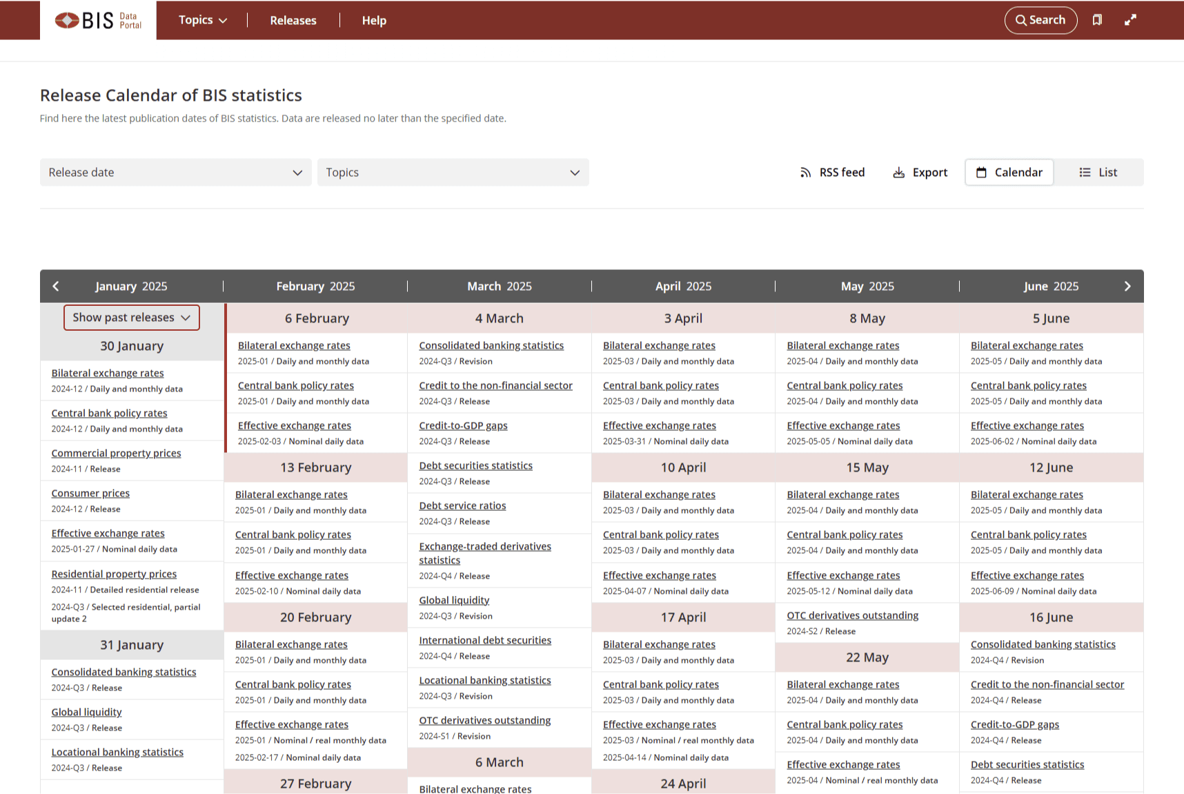 Screenshot of the release calendar page showing how to display past releases