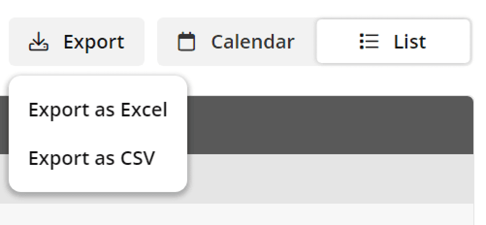 Screenshot of the export dropdown